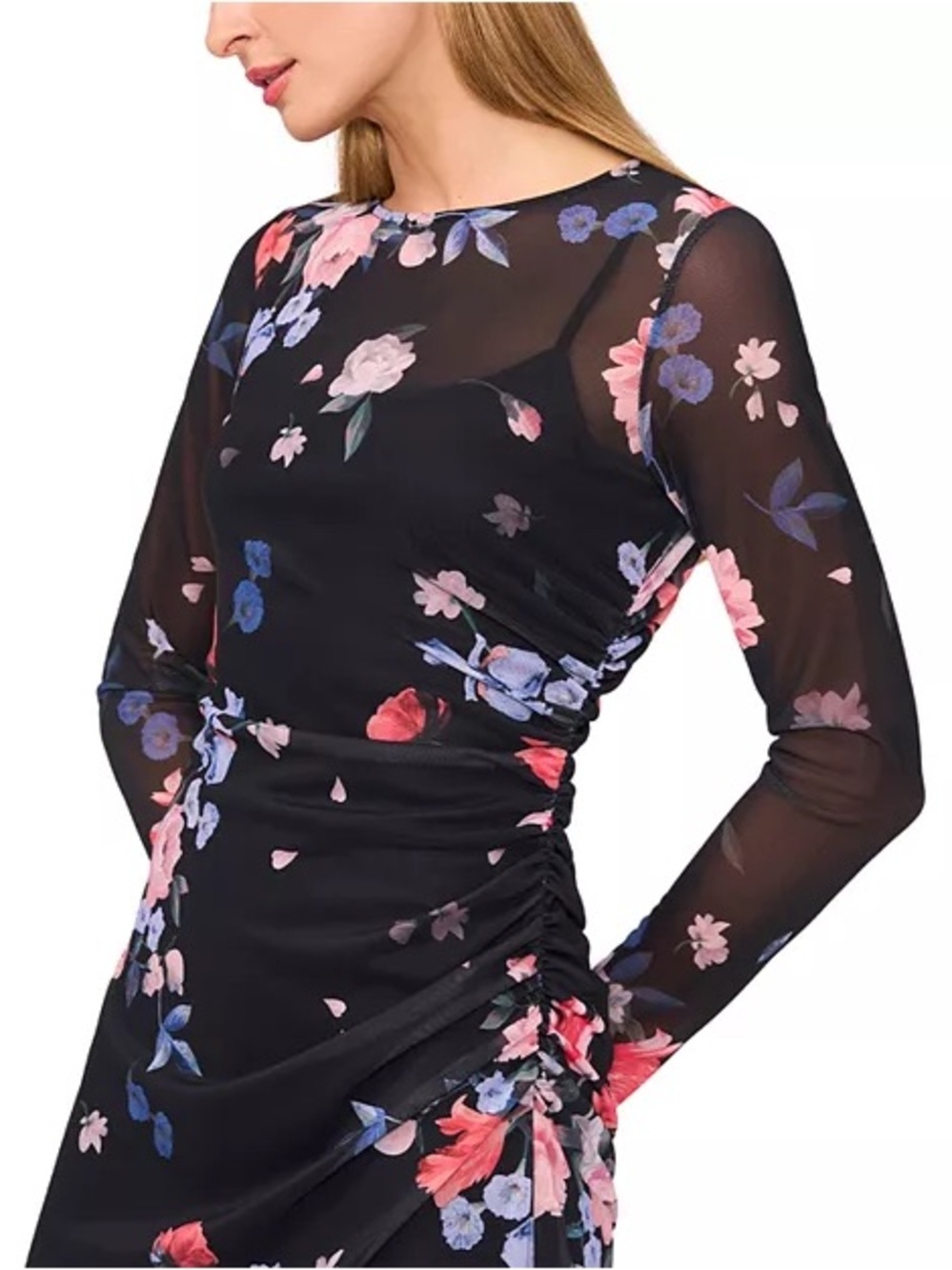 Ted Baker Black Floral Printed Mesh Column Dress Ruched Side Maxi Size L - Picture 2 of 11